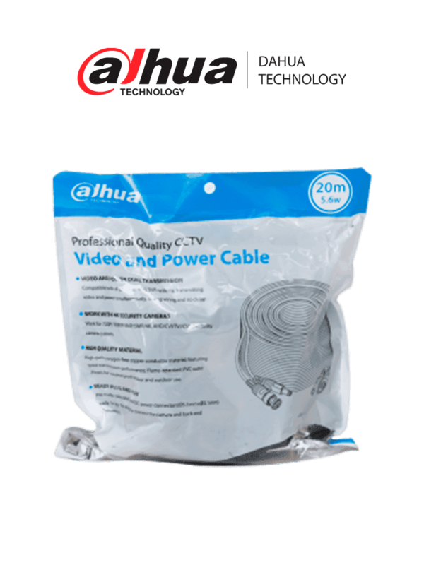 DAHUA DH-PFM942I-20-5-Cable armado de 20 metros para video y energía, compatible con cámaras hasta 4K. Incluye conectores BNC y de energía, ideal para uso interior y exterior. Fabricado con cobre de alta pureza, soporta AHD, CVI, TVI, y CVBS. #MCI2Q125