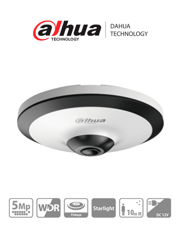 DH-HAC-EW2501N - Cámara Fisheye HDCVI 5 MP, visión 360°, IR 10 m, WDR real 120dB, micrófono integrado. Ideal para uso interior con tecnología Starlight para baja luz y reducción de ruido 2D/3D. Ofrece vigilancia detallada y nítida en todas condiciones.