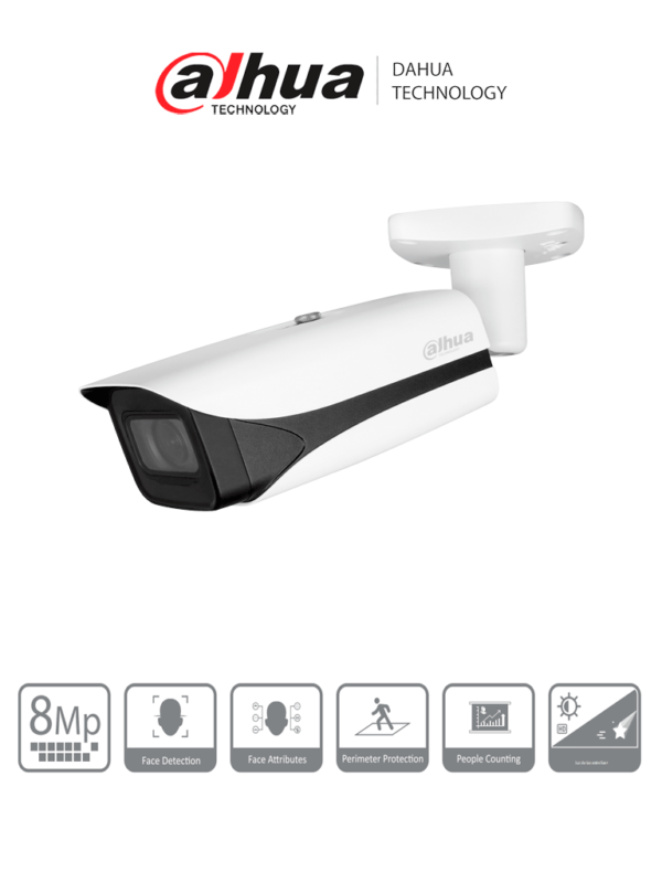 DAHUA DH-IPC-HFW5842E-ZE - Camara IP Bala 4k/ WizMind/ Lente Mot. de 2.7 a 12/ IR de 60 Metros/ SMD 3.0/ Metadatos/ WDR/ Ranura para Micro SD/ ePoE/ IP67 /IK10 /SMD 3./ E&A de Alarma y Audio/ Conteo de Personas/ Detección facial. #MCI2Q125