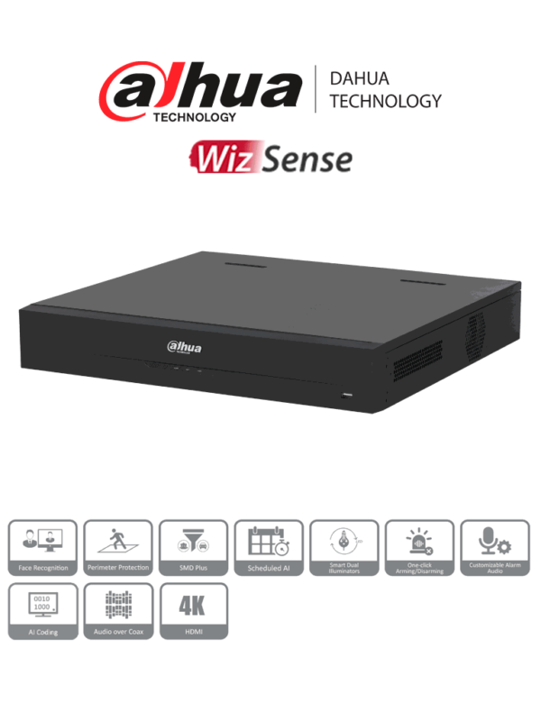 DAHUA DH-XVR5416L-4KL-I3 - DVR de 16 canales, resolución 4K, WizSense, H.265+, IA avanzada, 4 bahías para discos duros, soporte para 16 canales IP adicionales (32 en total), 2 canales de reconocimiento facial, SMD Plus, y funciones IoT y POS.
