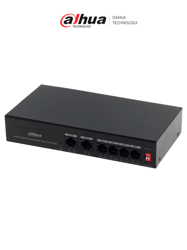 DAHUA PFS3006-4ET-36 - Switch PoE de 6 Puertos Fast Ethernet/4 Puertos PoE 10/100/ 2 Puertos uplink 10/100/ 36 Watts Totales/ Switching 1.2 Gbps/ Tasa de Reenvio de Paquetes .89 Mbps/ con Protección de Descargas #SwitchD1 #BuenFinDahua20 #MCI2Q125
