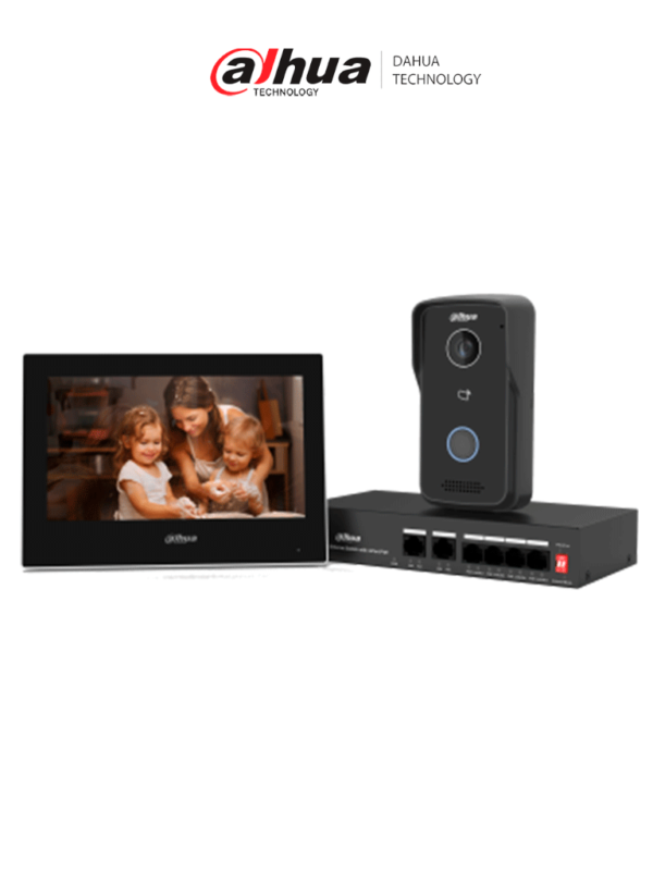 DAHUA KTP03-V2 - Kit de Videportero IP/ Monitor de 7 Pulgadas. Frente de Calle y Switch PoE/ 6&1 E&S de Alarma/ Frente de Calle IP65/ IR/ Apertura Remota / Switch de 4 Puertos PoE 10/100/ 2 Puertos Uplink/ Controla 1 Puerta/ #BuenFinDahua20