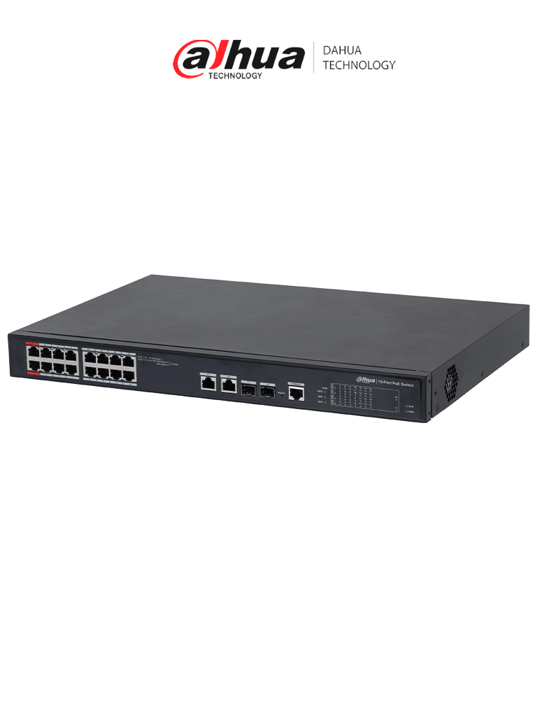 DAHUA DH-PFS4218-16ET-240 - Switch PoE Administrable de 16 Puertos Ethernet/ 16 Puertos PoE/ 240 Watts Totales/ Interfaz Web/ Puerto 1 y 2 Soportan 90 Watts/ 2 Puertos SFP/ 2 Puertos Uplink/ PoE Watchdog/ Switching 8.8 Gbps/