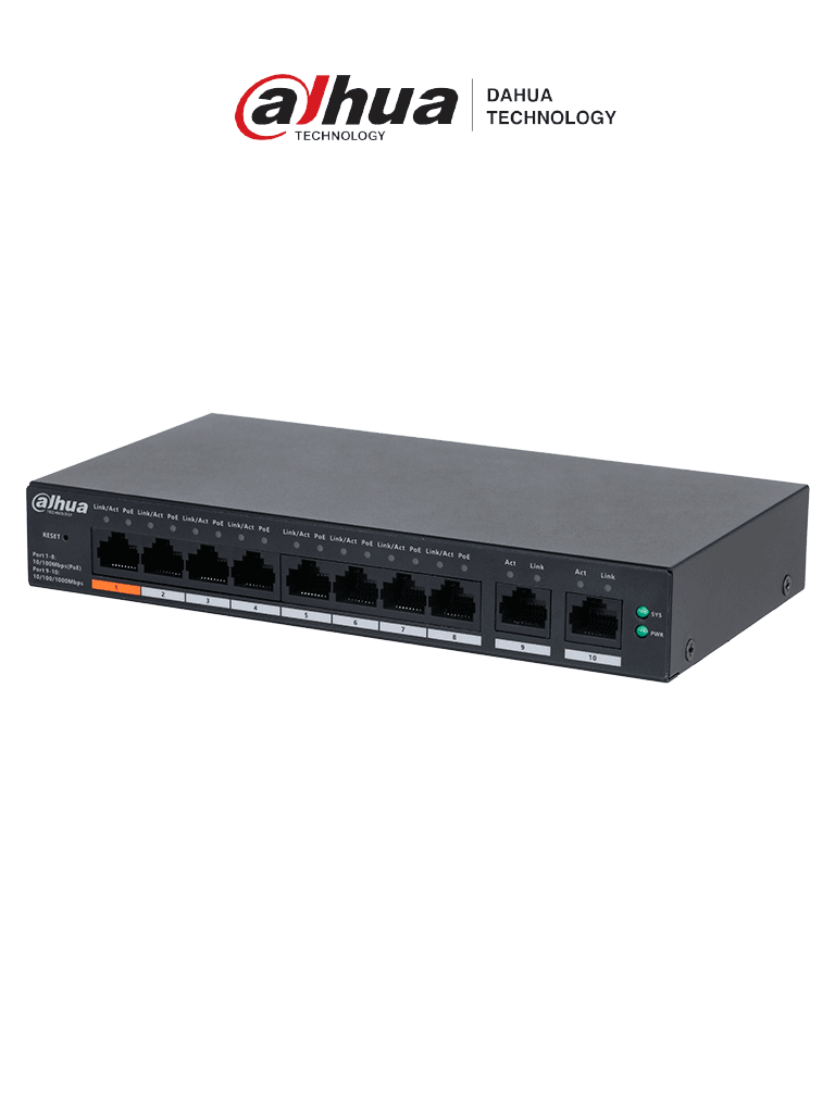 DAHUA DH-CS4010-8ET-60 Switch Poe de 8 Puertos / Poe Inteligente/ 60Watts Totales/ 2 Puertos uplink/ Switching 4.8Gbps/ Protección de Descargas/ DoLynk Care/ #BuenFinDahua20 #NOV #MCI1Q125