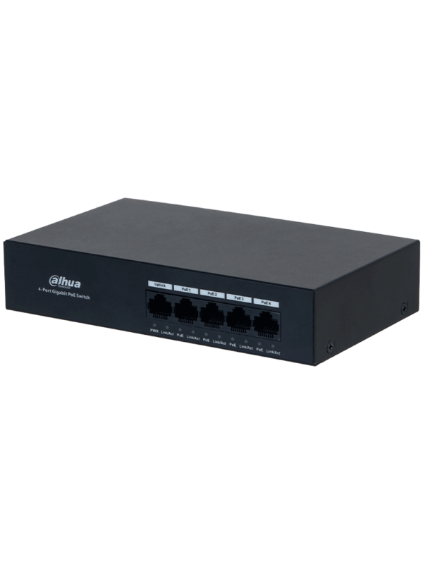 DAHUA DH-PFS3005-4GT-36 - Switch con 4 puertos Gigabit PoE y 1 puerto RJ45 10/100/1000 Mbps. Ofrece protección contra descargas eléctricas, ideal para alimentar dispositivos IP. Incluye fuente de poder integrada. #Anivdahua2 #MCI1Q125 - Image 2