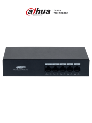 DAHUA DH-PFS3005-4GT-36 - Switch con 4 puertos Gigabit PoE y 1 puerto RJ45 10/100/1000 Mbps. Ofrece protección contra descargas eléctricas, ideal para alimentar dispositivos IP. Incluye fuente de poder integrada. #Anivdahua2 #MCI1Q125