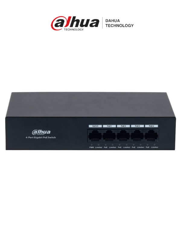 DAHUA DH-PFS3005-4GT-36 - Switch con 4 puertos Gigabit PoE y 1 puerto RJ45 10/100/1000 Mbps. Ofrece protección contra descargas eléctricas, ideal para alimentar dispositivos IP. Incluye fuente de poder integrada. #Anivdahua2 #MCI1Q125