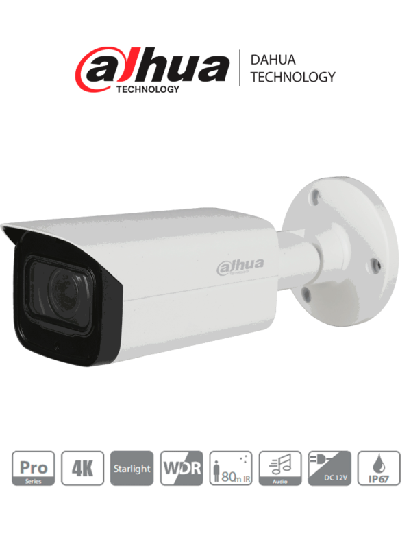 DAHUA HAC-HFW2802T-A-I8 - Camara Bullet 4k/ Lente de 3.6mm/ IR de 80 Metros/ Microfono Integrado + 1 Entrada de Audio/ Metalica/ IP67/ WDR Real de 120 dB/ #ProHDCVI