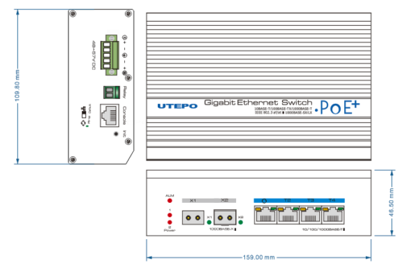 UTEPO UTP7304GEPOE - Switch industrial Gigabit PoE administrable, L2, 4 puertos PoE Gigabit, 2 puertos SFP Gigabit, 802.3af/at, Fast RING, PoE 150W - Image 2