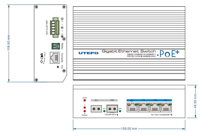 UTEPO UTP7304GEPOE - Switch industrial Gigabit PoE administrable, L2, 4 puertos PoE Gigabit, 2 puertos SFP Gigabit, 802.3af/at, Fast RING, PoE 150W - Image 2