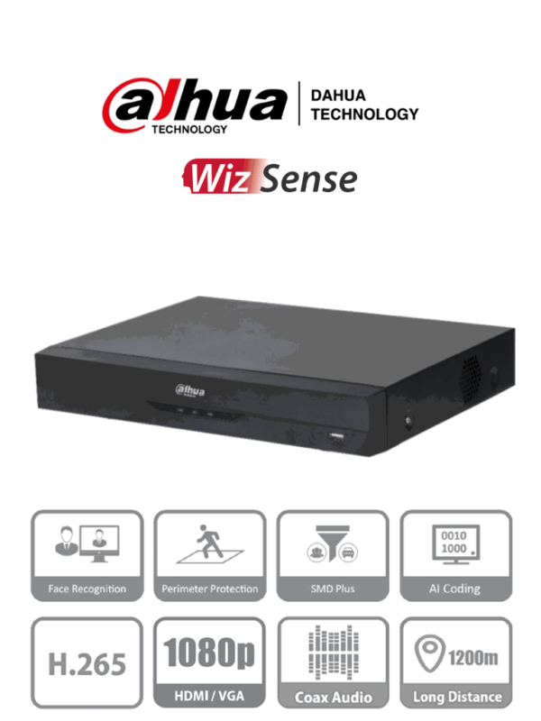 DAHUA XVR5108HE-I3 - DVR de 8 Canales 5 Megapixeles Lite/ WizSense/ H.265+/ 8 Canales +4 IP/ Hasta 12 Ch IP/ 1 Canal de Reconocimiento Facial/ SMD Plus/ Protección Perimetral/ 1 Puerto SATA/ 8&3 E&S de Alarmas/ 8 Entradas de Audio/ IoT&POS/ #VolDH