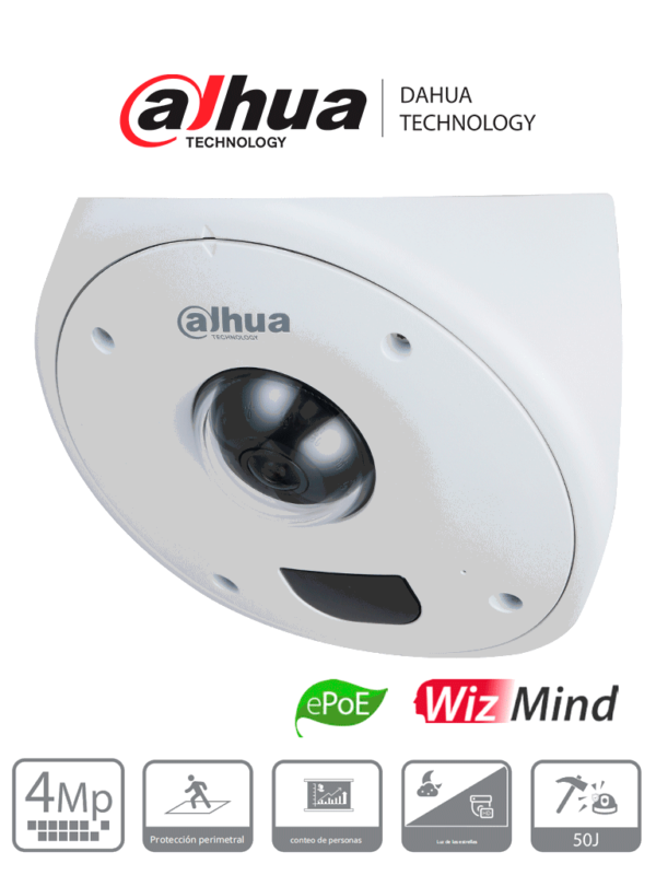 DAHUA IPC-HCBW8442 - Domo IP de 4 MP para Montaje en Esquinas/ Lente de 2.5 mm/ 135°/ IR de 10 Metros/ Antivandálico/ Protección Perimetral/ Conteo de Personas/ Mapa de Calor/ IP67 e IK10+ (50J)/ PoE/ E&S de Alarma/ E&S de Audio /