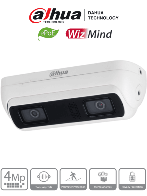 DAHUA IPC-HDW8441X-BV-3D - Cámara Stereo 3D IP con IA de Análisis de Comportamiento/ 4 MP/ Detección de Violencia/ Detección de Caidas/ Analisis de Permanencia/ Numero Anormal de Personas/ IR 20Mts/IP67/Ik10/E&S deAlarma/ Microfono y Altavoz/ MicroSD/