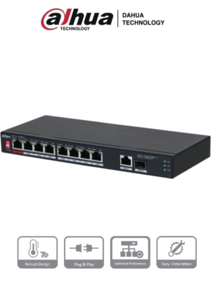 DAHUA PFS3110-8ET1GT1GF-96 -Switch PoE de 10 Puertos/ 8 Puertos Poe 10/100/ 1 Puerto SFP de 1000 Mbps/ 1 Puerto Uplink de 10/100/1000/ 96 Watts Totales/ Alimentación hasta 250 Mts/ Soporta PoE Whatchdog/ Puerto Rojo soporta IEEE 802.3bt/ #SwitchD2 #MCI2Q