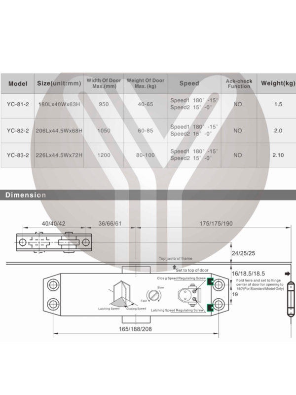 YLI YC812 - Brazo cierra puerta automático / Para puertas de 65 kg / Compatible con puertas de madera, vidrio, metal / Velocidad ajustable de cierre / Instalación izquierda o derecha - Image 7