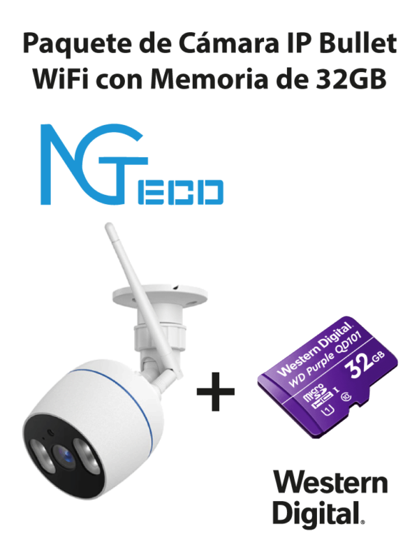 NGTECO NGC501PAK - Paquete de Cámara NGC501 IP Bullet WiFi 1080P con Memoria de 32GB Micro SDHC/ Linea Purple/ Clase 10 U1