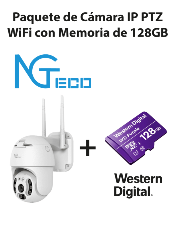 NGTECO NGC4200PAK - Paquete de Cámara NGC4200 IP PTZ WiFi 3MP con Memoria de 128GB Micro SDXC/ Linea Purple/ Clase 10 U1