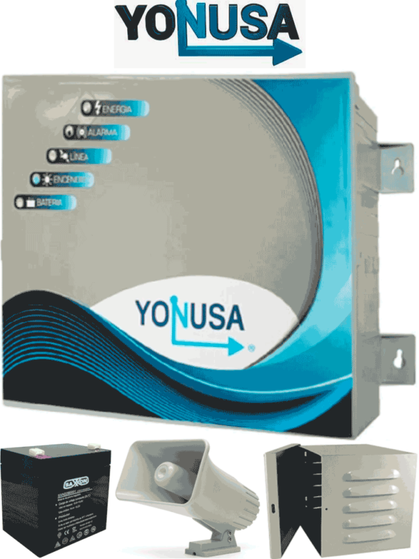 YONUSA EY10000127AFBAT - Paquete de energizador anti plantas o alta frecuencia de 10,00V con hasta 10,000 mts lineales, incluye batería de respaldo de 12VDC a 4.5 AH, sirena de 30W y gabinete metálico