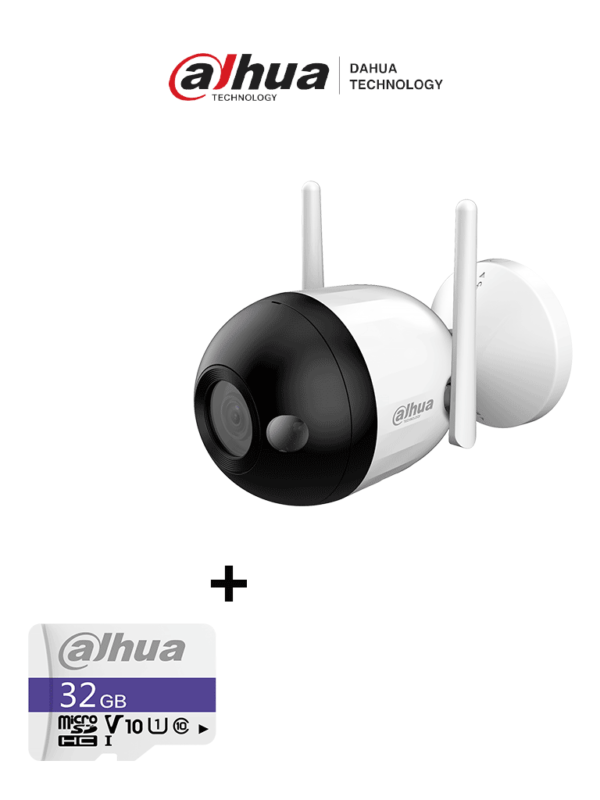 Bundle F2C-LED - Cámara IP Bullet Wifi de 2 Megapíxeles/ Full Color/ Microfono Integrado/ 30 Mts de Luz Visible/ Ranura para MicroSD/ IA con Detección de Humanos/ IP67/ + Memoria Micro SD de 32GB/ #MiPrimerIP