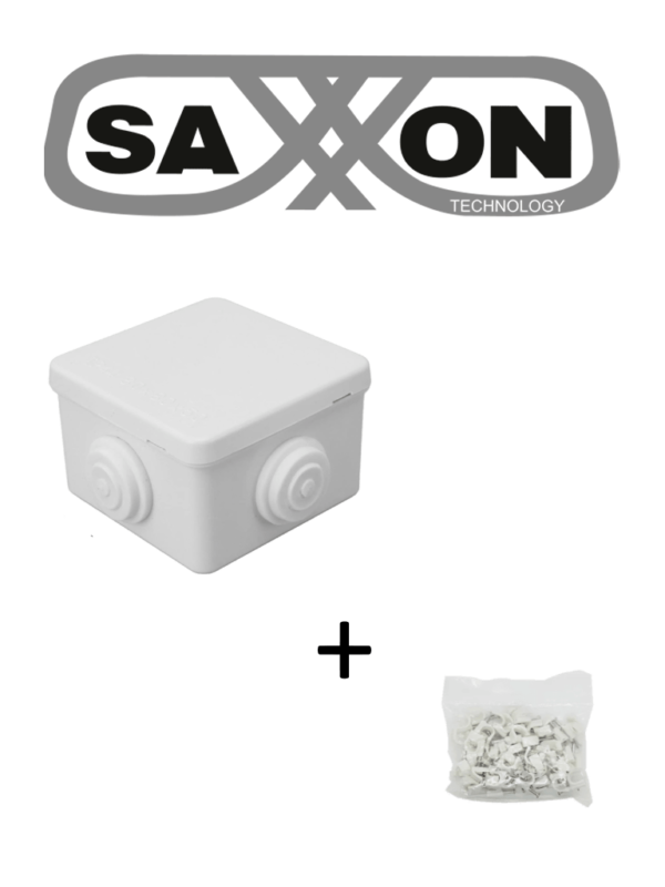 SAXXON SWD008LMG5MMC - Paquete de Caja de Conexiones 4 Entradas 80x80x50mm con Bolsa de Grapas Cuadradas de Pared de 6mm de alto Color Blanco 50 piezas