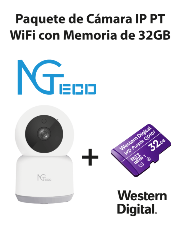NGTECO NGC2401PAK - Paquete de Cámara NGC2401 IP PT WiFi 1080P con Memoria de 32GB Micro SDHC/ Linea Purple/ Clase 10 U1