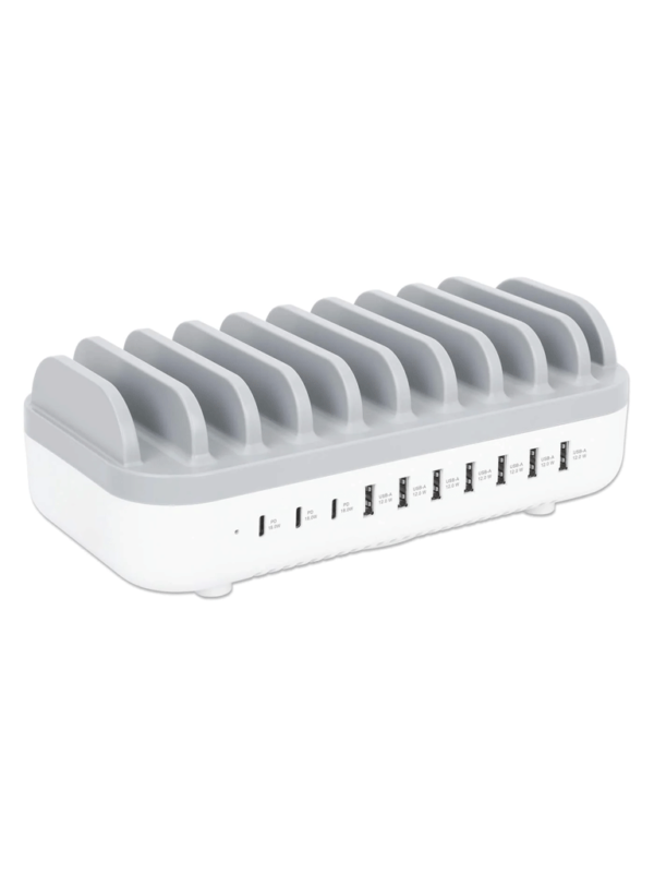 MANHATTAN - 180856 - Estación de carga de 10 puertos USB - 120 W / Tres puertos USB-C PD de hasta 18 W por puerto, siete puertos USB-A de hasta 12 W / 2.4 A por puerto, 120 W de salida total, blanco/gris - Image 3