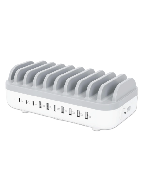 MANHATTAN - 180856 - Estación de carga de 10 puertos USB - 120 W / Tres puertos USB-C PD de hasta 18 W por puerto, siete puertos USB-A de hasta 12 W / 2.4 A por puerto, 120 W de salida total, blanco/gris - Image 2