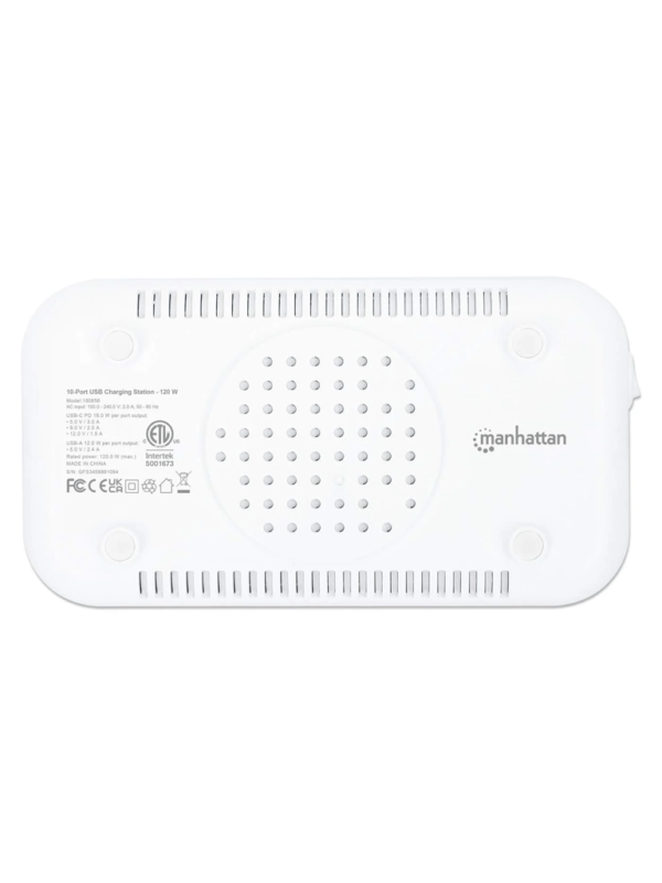 MANHATTAN - 180856 - Estación de carga de 10 puertos USB - 120 W / Tres puertos USB-C PD de hasta 18 W por puerto, siete puertos USB-A de hasta 12 W / 2.4 A por puerto, 120 W de salida total, blanco/gris - Image 4