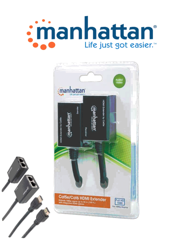 MANHATTAN 207386 - Extensor de HDMI por Cat5e/Cat6 / Extiende tu señal de 1080p hasta a 30m / cables HDMI integrados / 55 x 36 x 22 mm (Sobre Pedido)
