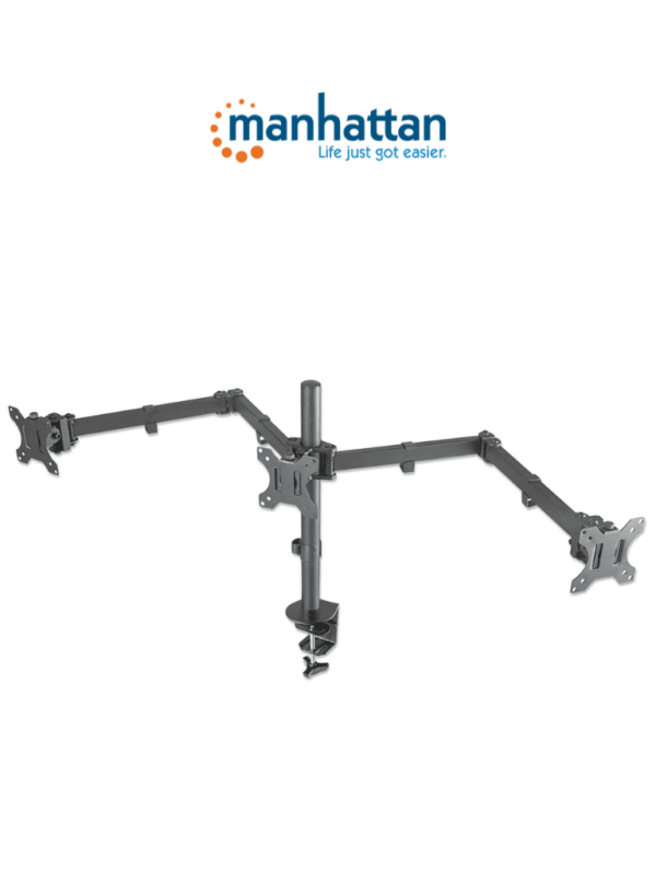 MANHATTAN 461658 Soporte para monitor, de escritorio, movimiento articulado, 3 pantallas planas de 13" a 27" máximo 7 kg cada una Soporta tres monitores LCD de hasta 27", uno montado al centro y dos en los brazos de doble articulación