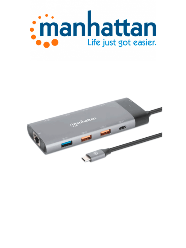 MANHATTAN 130714 - Docking Station USB-C para monitor dual 8K y carga PD / USB 3.2 Gen 2 Tipo-C macho a dos puertos HDMI, cinco puertos USB-A, puerto de suministro de energía USB-C (100 W), USB-C Puerto de datos y puerto Gigabit RJ45