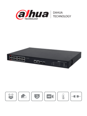 DAHUA PFS3220-16GT-190 - Switch Poe de 16 Puertos Gigabit/ Poe Inteligente/ Puerto Rojo de 90W/ 190 Watts Totales/ 2 Puertos SFP Opticos/ Protocolos Poe:IEEE802.3af, IEEE802.3at, Hi-PoE, IEEE802.3bt/ Switching 52 Gbps/ Protección de Descargas/