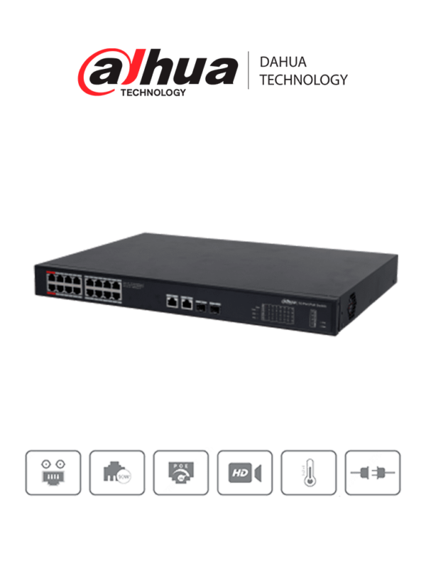 DAHUA PFS3220-16GT-190 - Switch Poe de 16 Puertos Gigabit/ Poe Inteligente/ Puerto Rojo de 90W/ 190 Watts Totales/ 2 Puertos SFP Opticos/ Protocolos Poe:IEEE802.3af, IEEE802.3at, Hi-PoE, IEEE802.3bt/ Switching 52 Gbps/ Protección de Descargas/