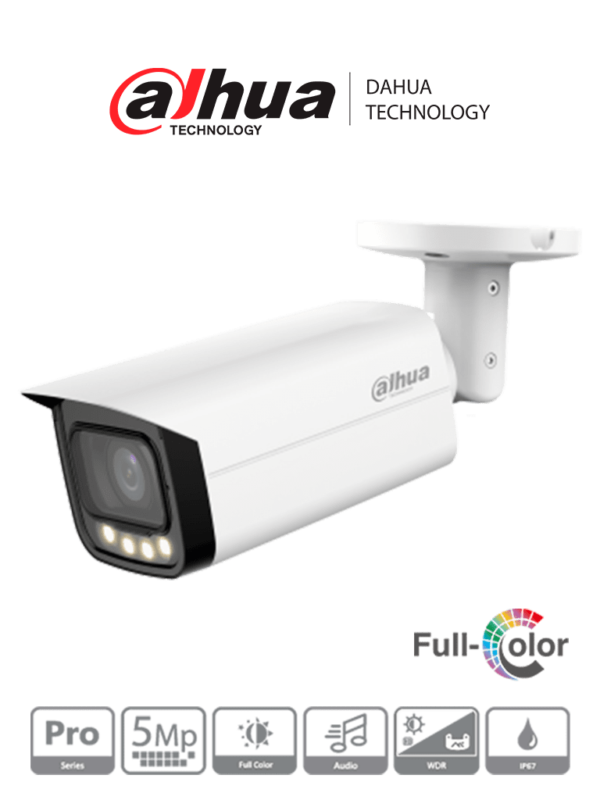 Dahua HAC-HFW2509TU-A-LED - Cámara Bullet Full Color de 5 Megapíxeles/ Lente de 2.8mm/ 111 Grados de Apertura/ 60 Metros de Iluminación/ Micrófono integrado/ WDR real 120dB/ 3D NR/ Super Adapt/ Micrófono integrado/ CVI/CVBS/AHD/TVI/ IP67