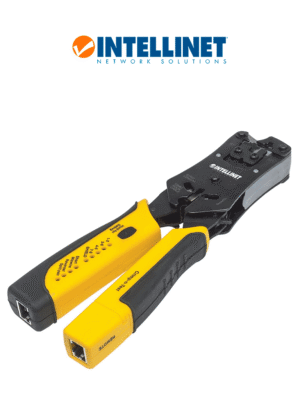 INTELLINET 780124 - Pinza crimpeadora universal de plugs modulares y probador de cables 2-en-1: crimpea, corta, pela, remata y prueba.