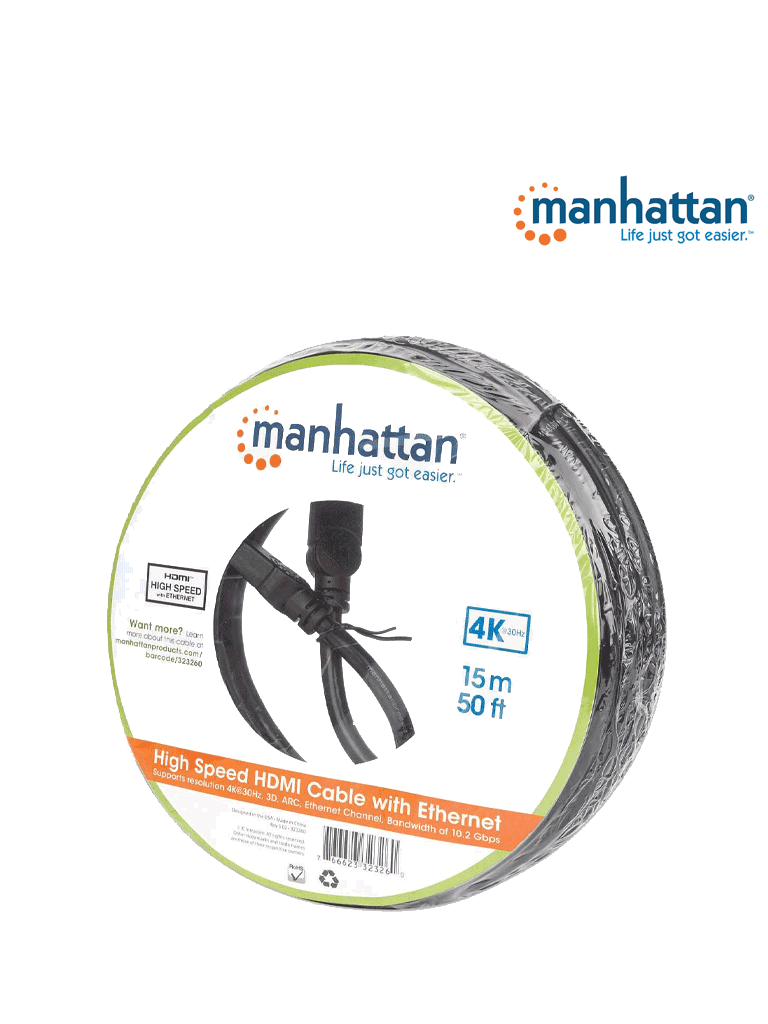 MANHATTAN 323260 - Cable HDMI de Alta Velocidad de 15 Metros / Resolución 4k@30Hz/ Soprota 3D y Canal de Ethernet de 100 Mbps/ HDMI Macho a Macho/ Soporta Canal de Retorno de Audio (ARC)/ Blindado para Reducir Interferencia/ - Image 2