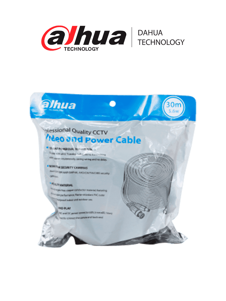 DAHUA DH-PFM942I-30-5 - Cable de 30 Metros Armado para Video y Energía/ Para Camaras Hasta 4k/ con Conectores BNC y de Energía/ Uso Exterior e Interior/ Cobre de Alta Pureza/ Soporta: AHD/CVI/TVI/CVBS/