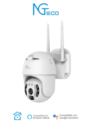 NGTECO NGC4200 - Cámara PT WiFi de 3MP con lente de 3.6mm, altavoz y micrófono integrados. Ofrece audio bidireccional y alcance IR de 20m. Utiliza compresión de vídeo H.265. Compatible con almacenamiento local y en la nube. Funciona con Alexa