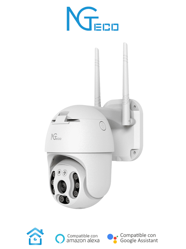 NGTECO NGC4200 - Cámara PT WiFi de 3MP con lente de 3.6mm, altavoz y micrófono integrados. Ofrece audio bidireccional y alcance IR de 20m. Utiliza compresión de vídeo H.265. Compatible con almacenamiento local y en la nube. Funciona con Alexa