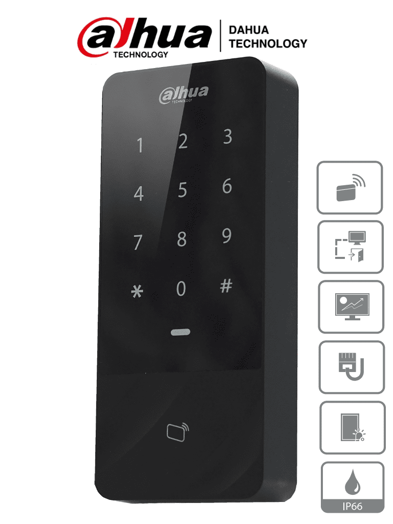 DAHUA ASI1201E-D - Control de Acceso Independiente con Teclado Touch y Tarjetas ID/ 30,000 Usuarios, 60,000 Registros/ TCP/IP/ Soporta Lectora Esclavo por Wiegand y RS-485/ Uso Exterior IP66/ Desbloqueo con Tarjeta, Pasword o Combinación/