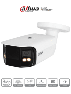 Dahua IPC-PFW5849-A180-E2-ASTE - Cámara IP Bullet 4K con multivisión en color, LED de 40 m y ángulo de 180°. Tecnología H.265, WDR, ROI, y SMD 4.0. Resistente al agua (IP67) con audio y alarma E&S para una vigilancia avanzada y detallada.