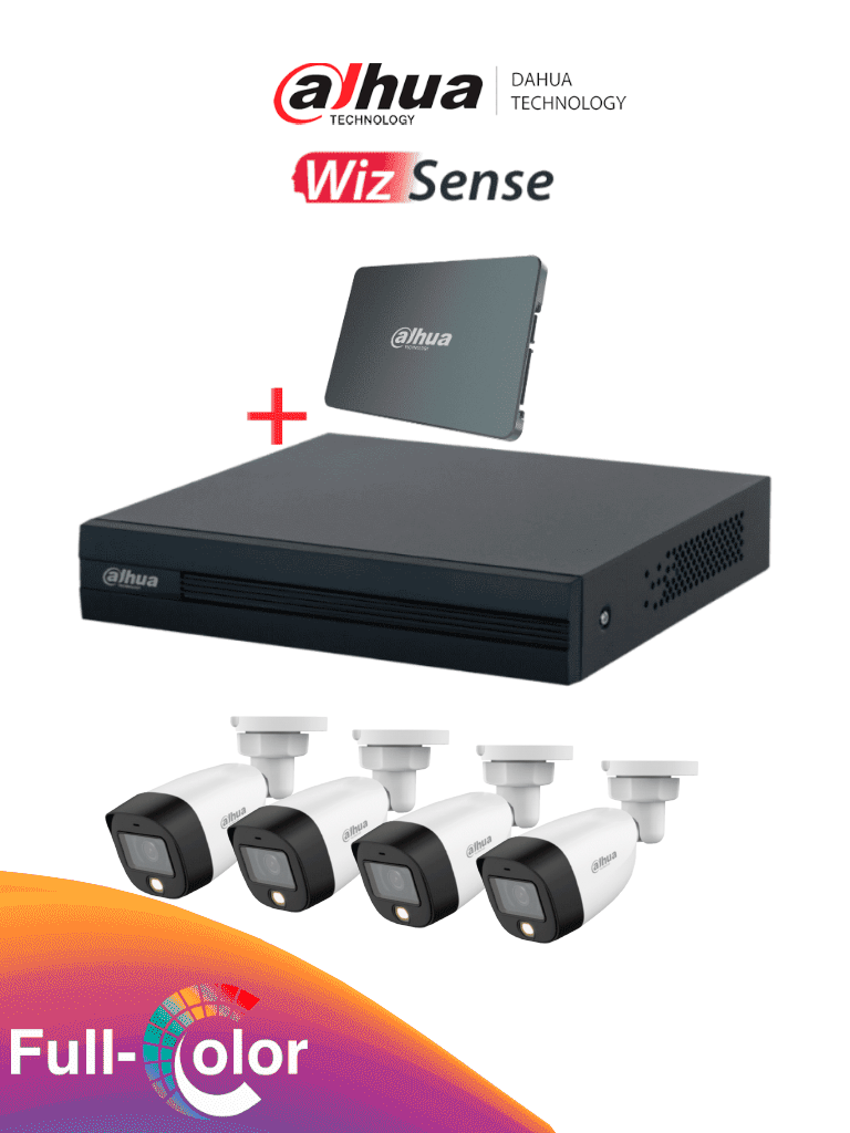 DAHUA KIT/XVR1B04-I-SSD512G4HFW1209 - Kit FullColor de 4 Canales con SSD de 512GB/ 4 Camaras Full Color de 2 Megapixeles con Microfono/ DVR Cooper-I WizSense/ Con IA/ 4 Ch+1 IP/ Accesorios Incluidos/