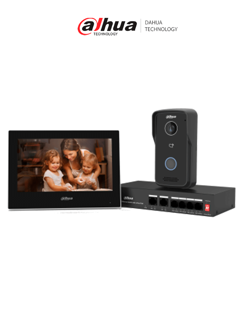 DAHUA KTP03-V2 - Kit de Videportero IP/ Monitor de 7 Pulgadas. Frente de Calle y Switch PoE/ 6&1 E&S de Alarma/ Frente de Calle IP65/ IR/ Apertura Remota / Switch de 4 Puertos PoE 10/100/ 2 Puertos Uplink/ Controla 1 Puerta/