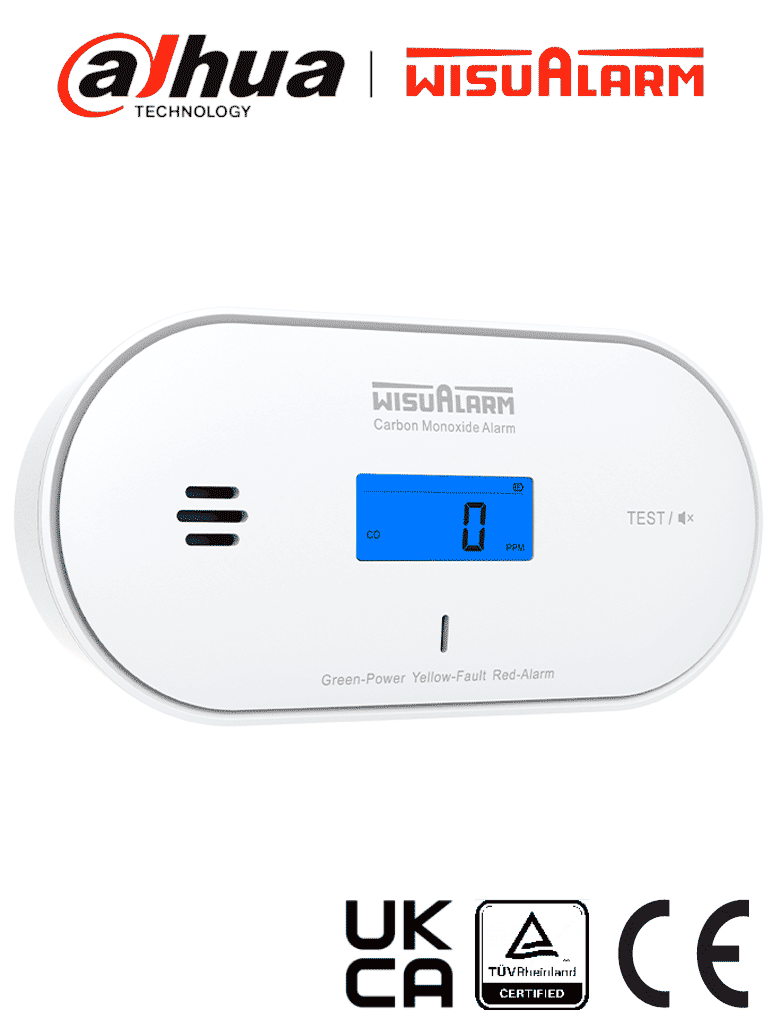 DAHUA WISUALARM DHI-HY-GC30A - Detector de monóxido de carbono (CO) autónomo, Mide temperatura y humedad, Batería de 10 años, Pantalla informativa y luces indicadoras, Alarma de 85 dB, Certificaciones TÜV, CE y UKCA,