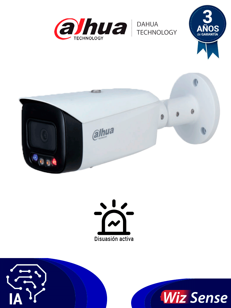 DAHUA IPC-HFW3249T1N-AS-PV-0360B - Cámara IP Bullet Resolución de 2 MP/ Lente 3.6 mm/ ∢ 107°/ LED 40mts/ IA WizSense/Det. de Mov. Inteligente/Prot. Perimetral/FullColor/TiOC/PoE/WDR/H.265+/IP67/Micrófono/Sirena/Estrobos/E&S Alarma/E&S Audio