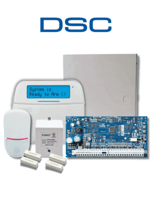 DSC NEO-LCD-SB - Paquete SERIE NEO con panel HS2032 de 8 zonas cableadas expandible a 32 / Teclado Alfanumérico HS2LCDN / Sensor PIR LC-200 Cableado / 2 contactos blancos cableados / Transformador / Gabinete GTVCMX003 / Sin Batería