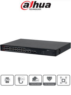 DAHUA DH-S4101-24ET2GF-360-C - Switch Administable en la Nube de 26 puertos/ 24 puertos PoE Hasta 360 Watts/ Hasta 250 mts de Conexión/ PoE watchdog / 10/100 Mbps/ Poe 2.0/ 8.8 Gbps/ 2 Ptos Hasta 90W de Suministro PoE/ Administrable Cloud por Dolink Care