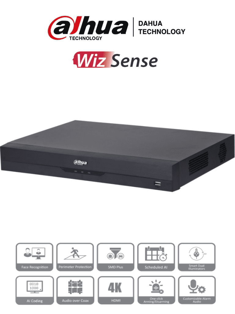 DAHUA XVR5216AN-4KL-I3 - DVR de 16 Canales 4k/ WizSense/ IA/ H.265+/ 2 Bahías de Disco Duro/ 16 Canales + 16 IP (Hasta 32 IP)/ 2 Canales de Reconocimiento Facial/ SMD Plus/ Codificación IA/ Funciones IoT&POS/ Audio Bidireccional