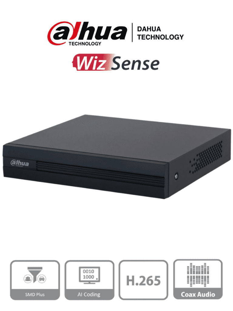 DAHUA XVR1B04-I -DVR de 4 Canales 1080p LiteWizSense y Cooper-I. Compatible con H.265+, admite hasta 5 canales IP y 4 canales con SMD Plus para detección avanzada. Búsqueda inteligente de personas y vehículos, codificación eficiente