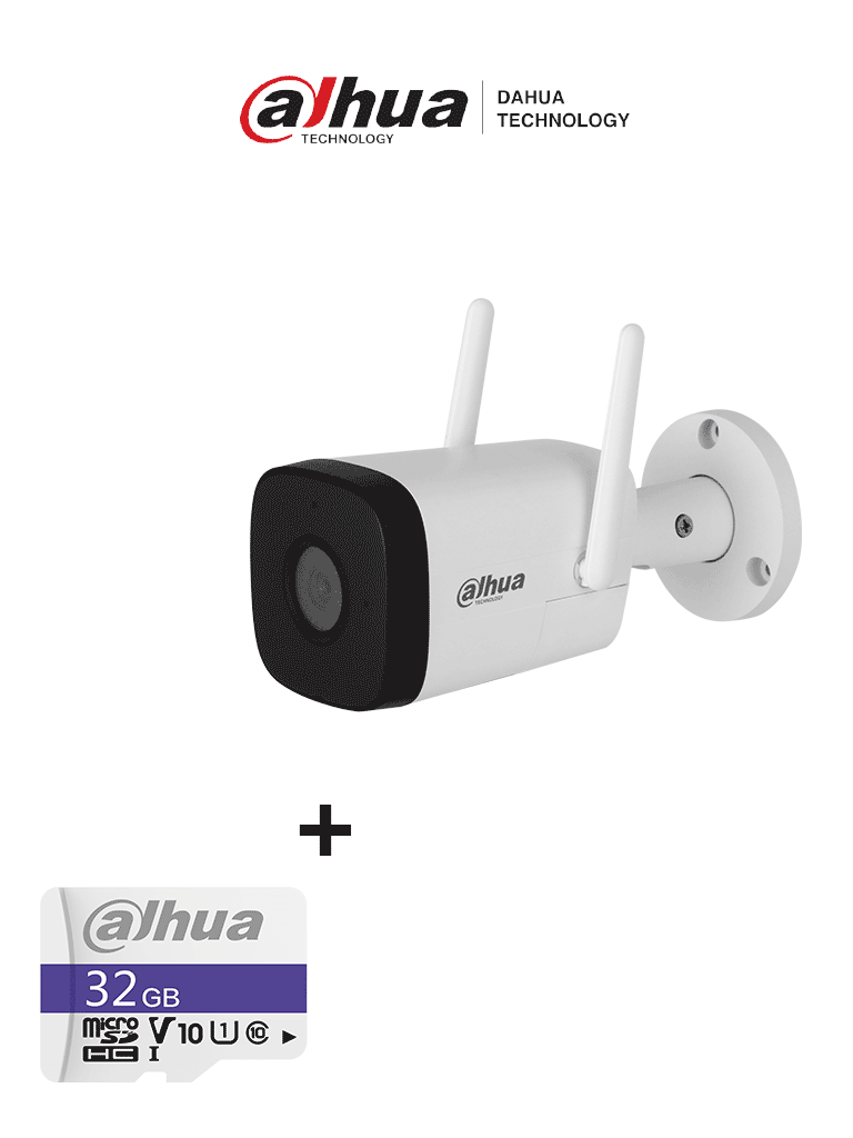 Bundle IPC-HFW1230DT-STW - Cámara IP Bullet Wifi de 2 Megapixeles/ Lente de 2.8 mm/ 100 Grados de Apertura/ IR de 30 Metros/ H.265/ Microfono y Altavoz Integrados/ Ranura MicroSD/ IP67/ Detección de Movimiento/ + Memoria Micro SD de 32 GB/